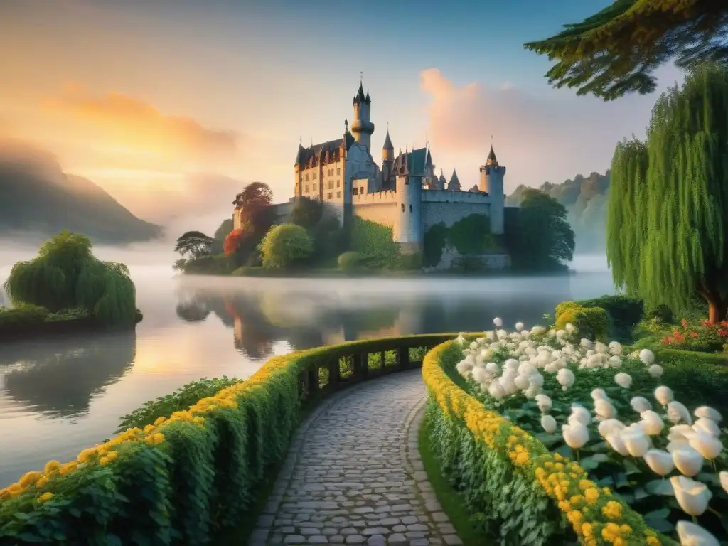 Castillo de ensueño al atardecer en lago sereno Un castillo majestuoso iluminado por los rayos dorados del atardecer, reflejando en un lago tranquilo