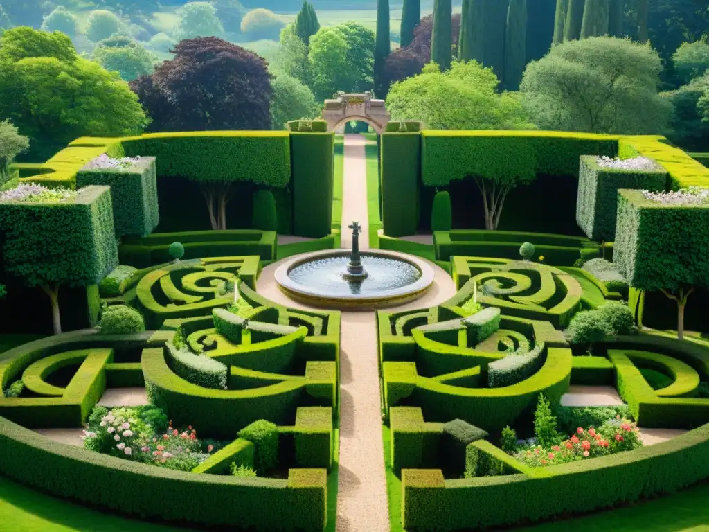 Jardín de castillo: Belleza natural y arquitectónica Un jardín de castillo majestuoso: laberinto de caminos floridos, fuente grandiosa, esculturas y naturaleza en armonía