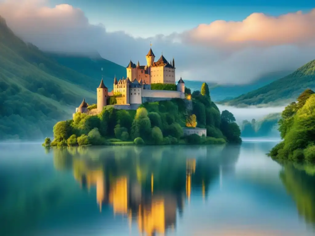 Castillo majestuoso en un atardecer dorado sobre lago sereno Un castillo majestuoso rodeado de exuberante vegetación y un lago sereno a sus pies, bañado por la cálida luz del atardecer