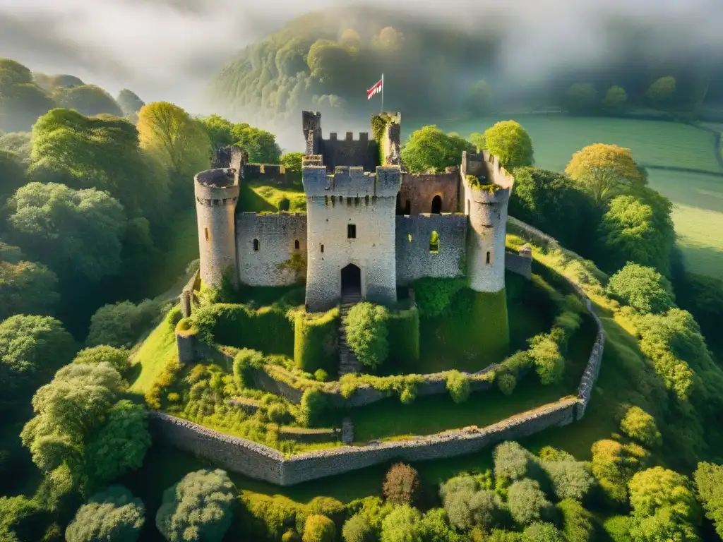 Castillo medieval abandonado, con la naturaleza reconquistando sus muros de piedra entre verdes y musgos vibrantes