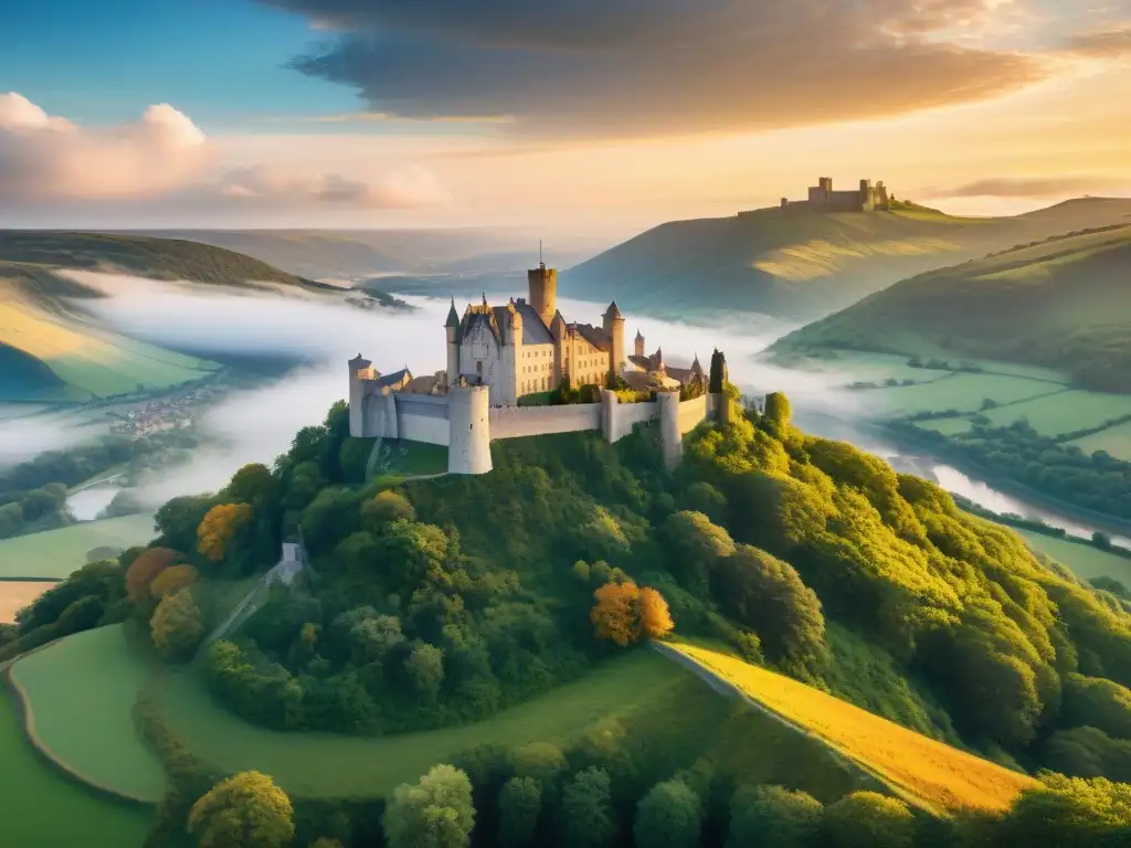 Castillo medieval al atardecer: majestuosidad y misterio Un castillo medieval en un acantilado al atardecer, con vistas panorámicas y una atmósfera mágica