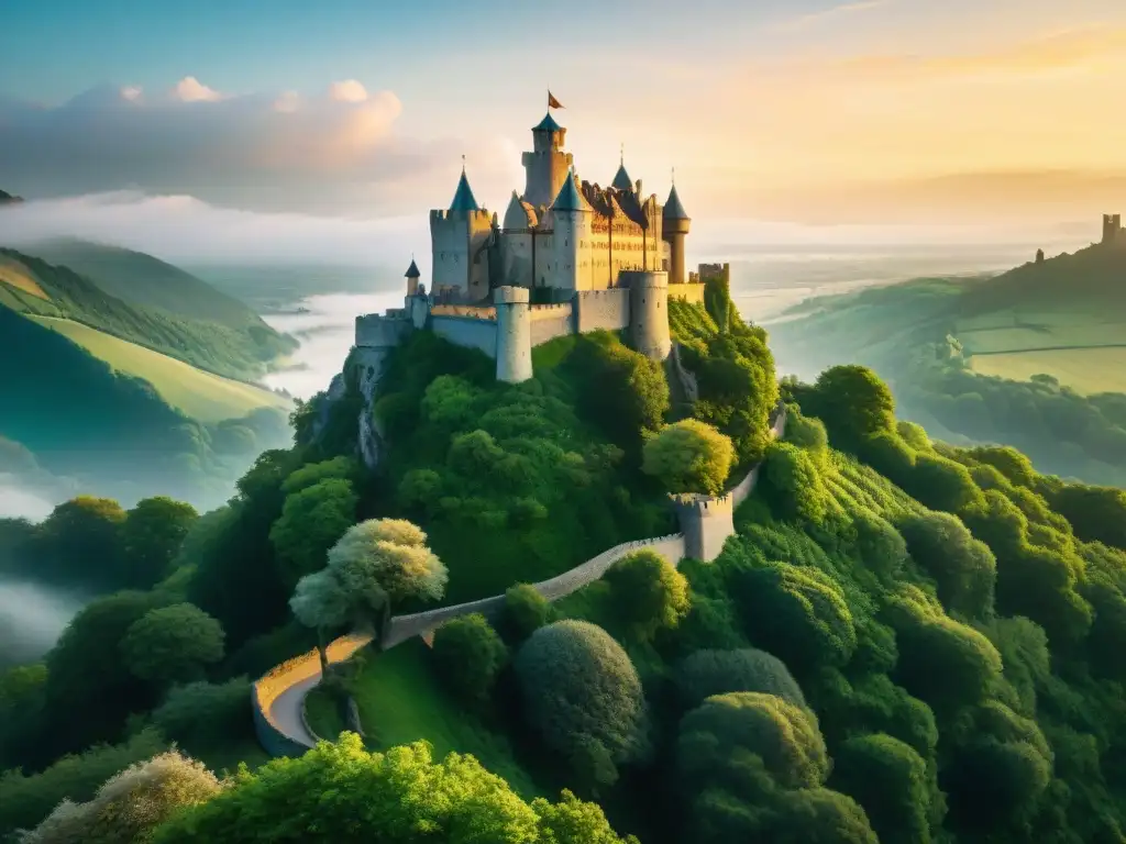 Un castillo medieval se alza en un acantilado, mientras un dragón mítico vuela cerca