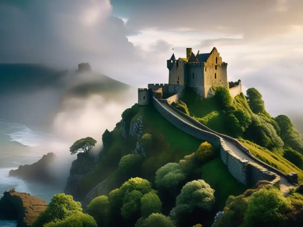 Misterio medieval: Castillo en acantilado bajo nubes tormentosas Castillo medieval en acantilado, muros de piedra cubiertos de musgo bajo cielo tormentoso, evocando la mentalidad del asediador conquistar castillos