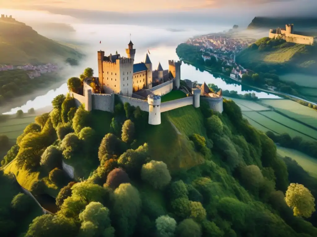 Castillo medieval en acantilado, rodeado de naturaleza, bañado por la luz del atardecer