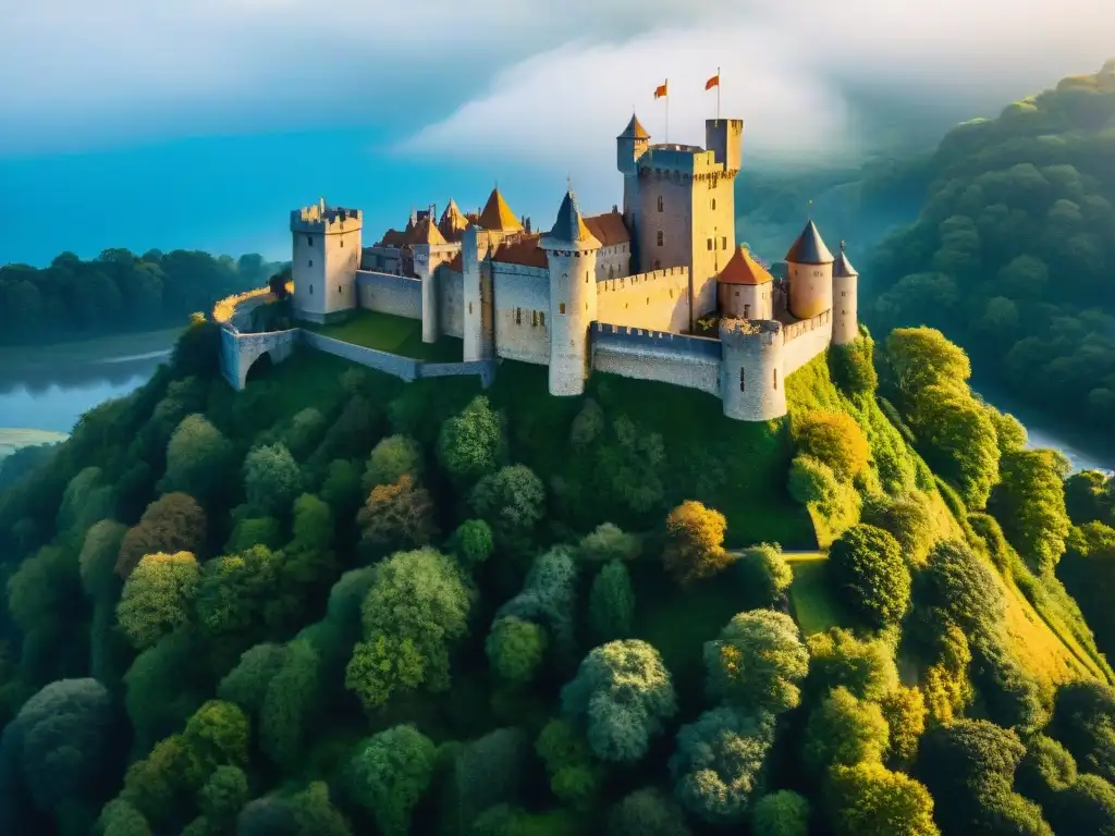 Castillo medieval en acantilado: historia y misterio Castillo medieval en el acantilado rodeado de bosques y río, inspirando la lectura de libros sobre castillos y fortalezas