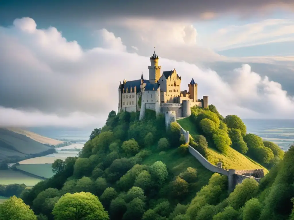 Castillo medieval en acantilado: grandiosidad y vigilancia Un castillo medieval en lo alto de un acantilado, rodeado de bosques, bajo un cielo dramático
