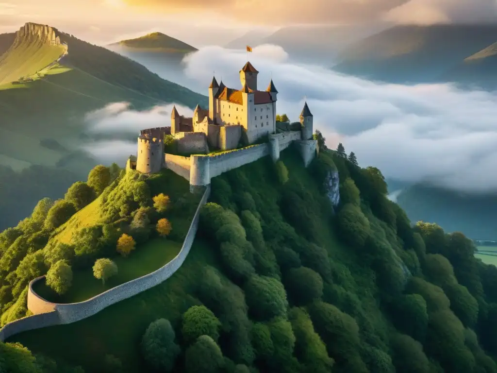 Castillo medieval en la cima: majestuosidad y misterio Un castillo medieval en lo alto de una montaña, rodeado de nubes y bañado por la luz dorada del atardecer