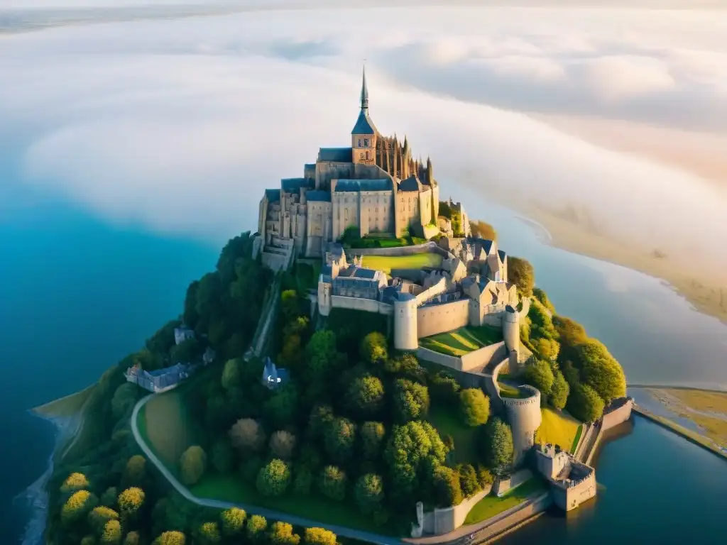 Castillo medieval en Mont Saint-Michel: ¡una vista aérea impresionante! Un castillo medieval en alturas impresionantes: Mont Saint-Michel en Francia, rodeado de aguas tumultuosas y cielos dramáticos