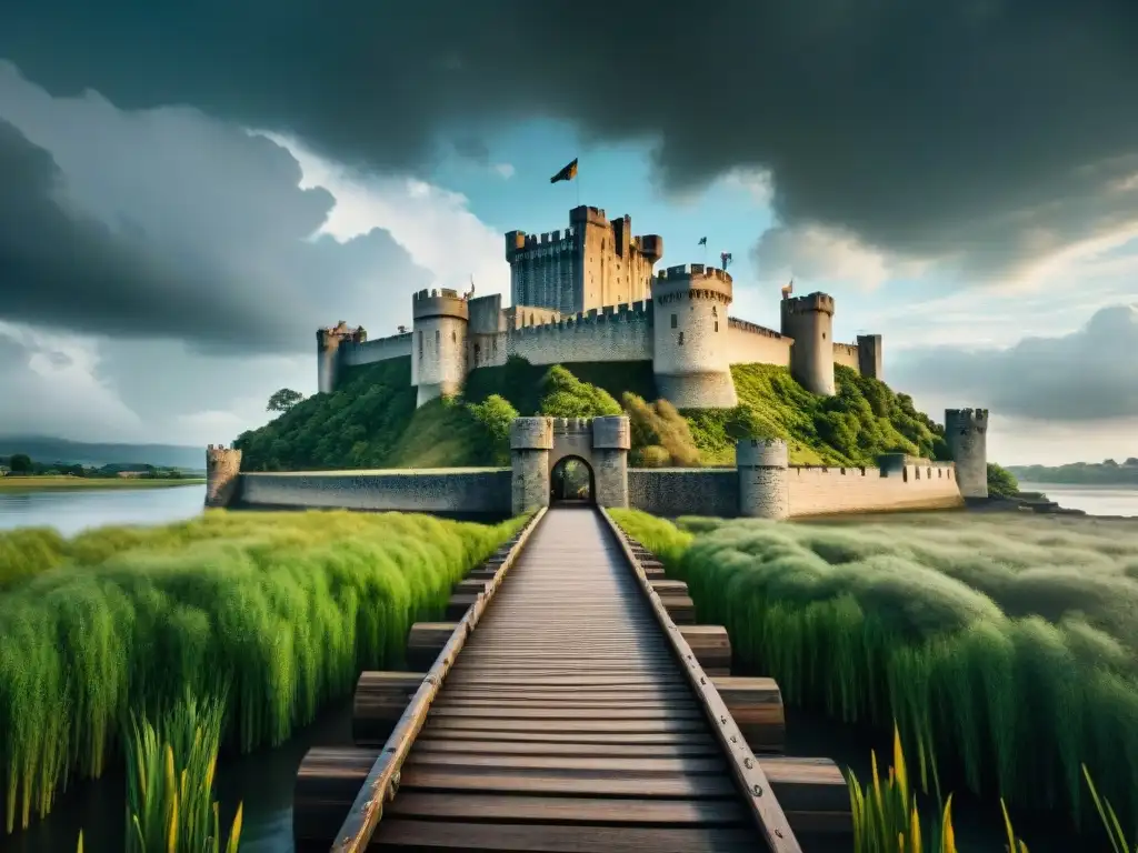 Fortaleza medieval: defensa épica contra invasores históricos Castillo medieval con arquitectura defensiva, rodeado de múltiples invasores y una atmósfera tensa