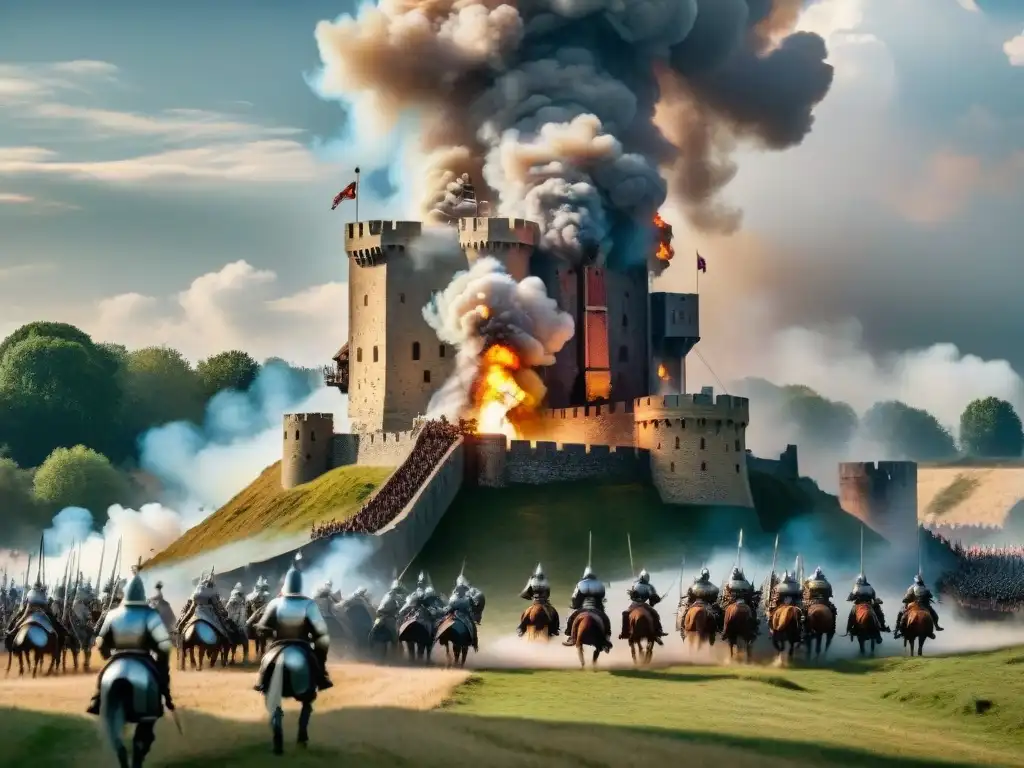 Batalla medieval: asedio épico con detalle y emoción Ilustración de un castillo medieval bajo asedio con detalladas fuerzas atacantes y defensoras