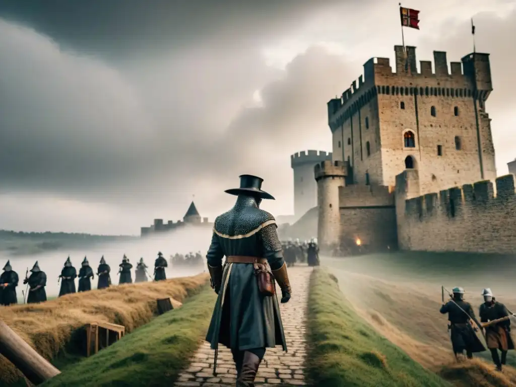 Batalla en castillo medieval durante la Peste Negra Castillo medieval bajo asedio durante la Peste Negra, soldados con máscaras de médico, estrategias defensa castillos peste negra