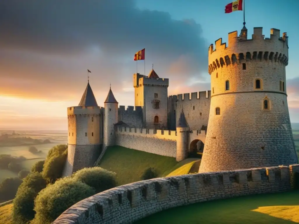 Castillo medieval en atardecer épico Castillo medieval con heráldica en atardecer legendario