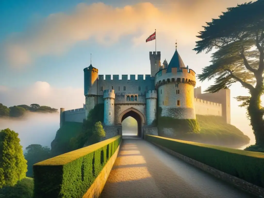 Castillo medieval: majestuosidad dorada y verdor exuberante Un castillo medieval bañado en luz dorada, con muros de piedra adornados y vegetación exuberante, ideal para eventos corporativos