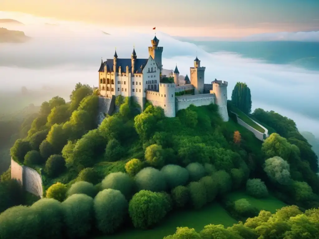 Castillo medieval verde: fusión histórica y tecnología sostenible Castillo medieval con certificaciones verdes y paneles solares integrados en la arquitectura, protegiendo la historia y el medio ambiente