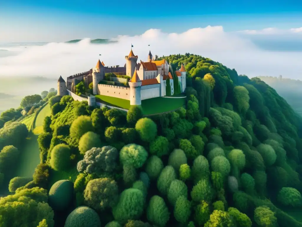 Castillo medieval con energía verde: tradición e innovación armoniosa Castillo medieval con certificaciones verdes impacto: paneles solares, molino viento, moat sereno reflejando cielo