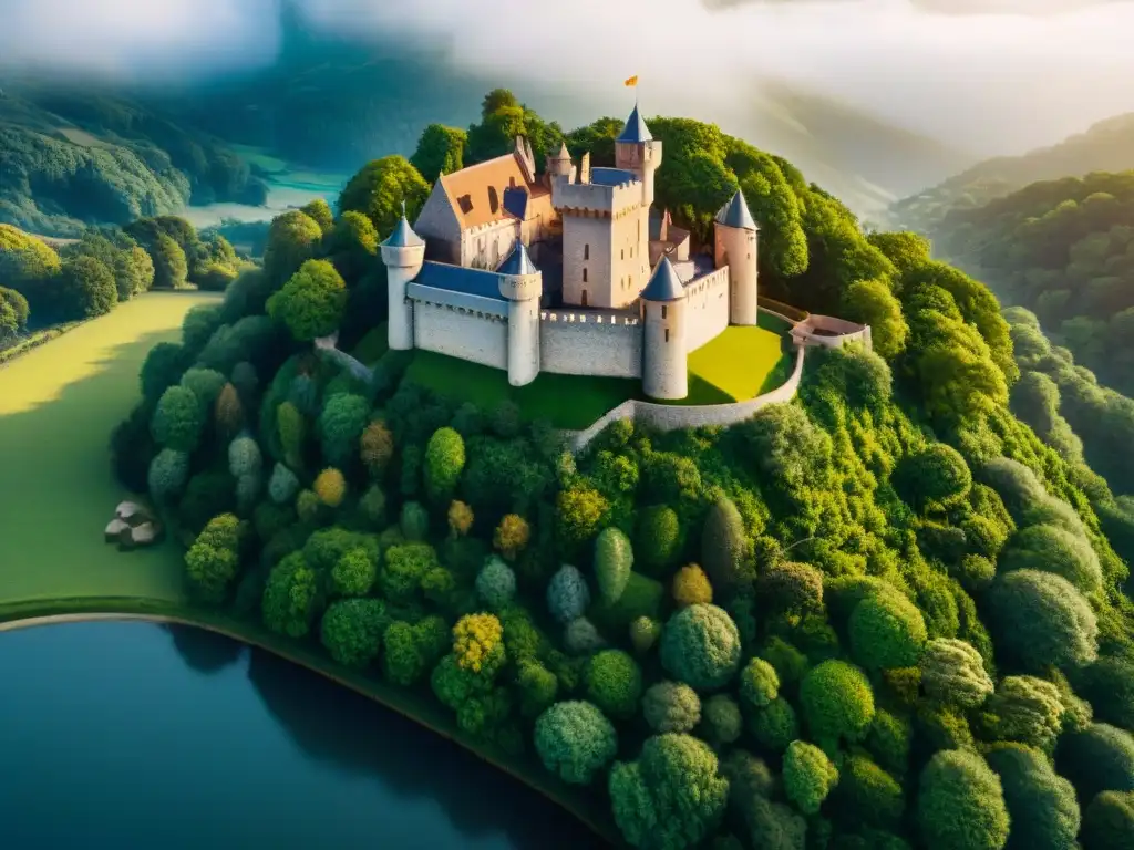 Castillo medieval con paneles solares: fusión histórica y sostenible Castillo medieval con certificaciones verdes protegido por paneles solares y naturaleza exuberante