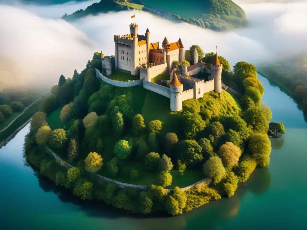 Castillo medieval en cine fantasía: majestuoso castillo rodeado de naturaleza exuberante y misterio al atardecer