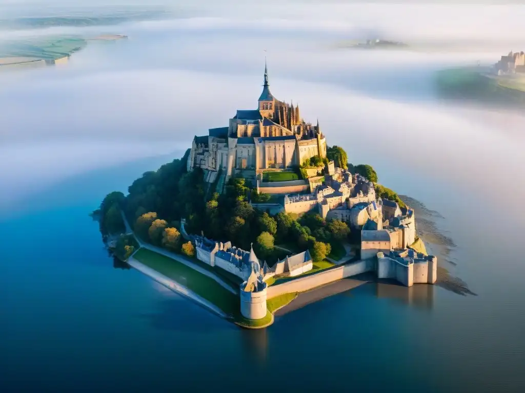 Castillo medieval en cine fantasía: Mont Saint-Michel majestuoso al amanecer, rodeado de aguas brillantes, evocando belleza y grandeza