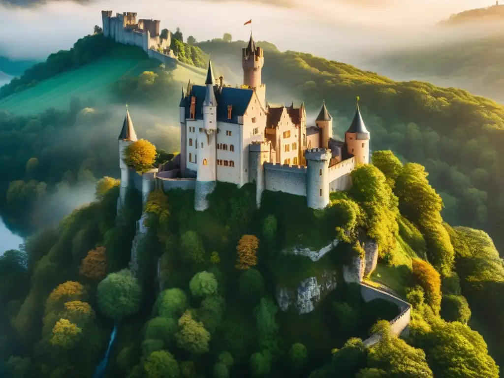 Castillo medieval en cine fantasía: majestuoso castillo en acantilado, rodeado de bosques verdes y río brillante al atardecer