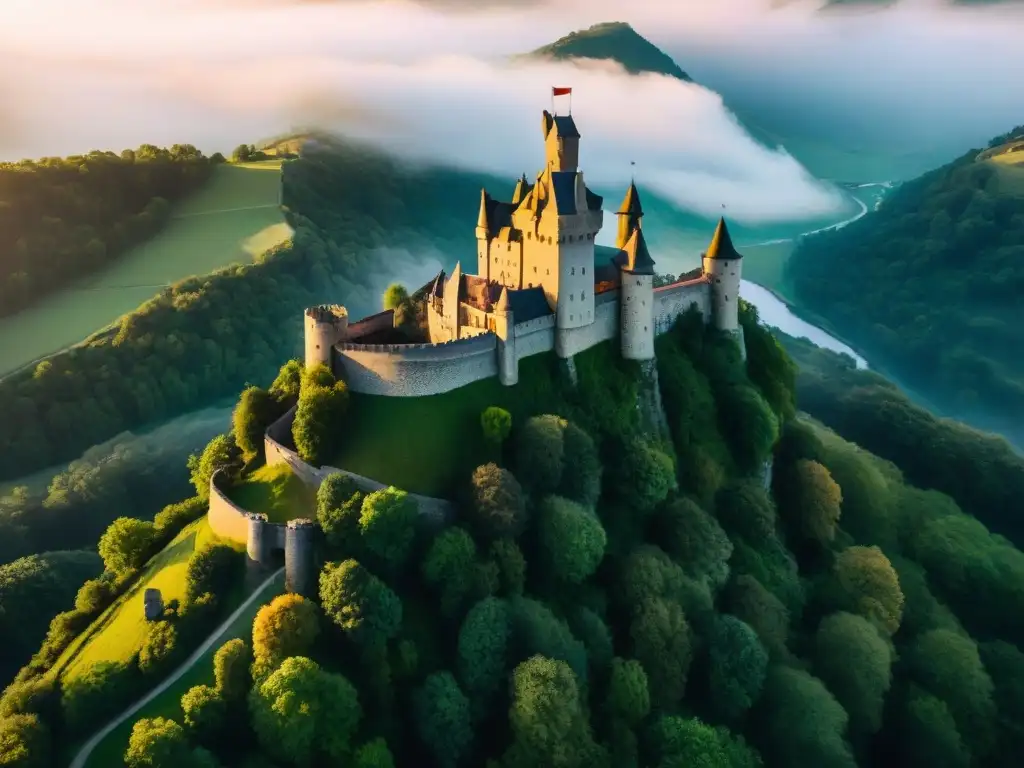 Castillo medieval en colina boscosa al atardecer, destacando su importancia estratégica en la monarquía