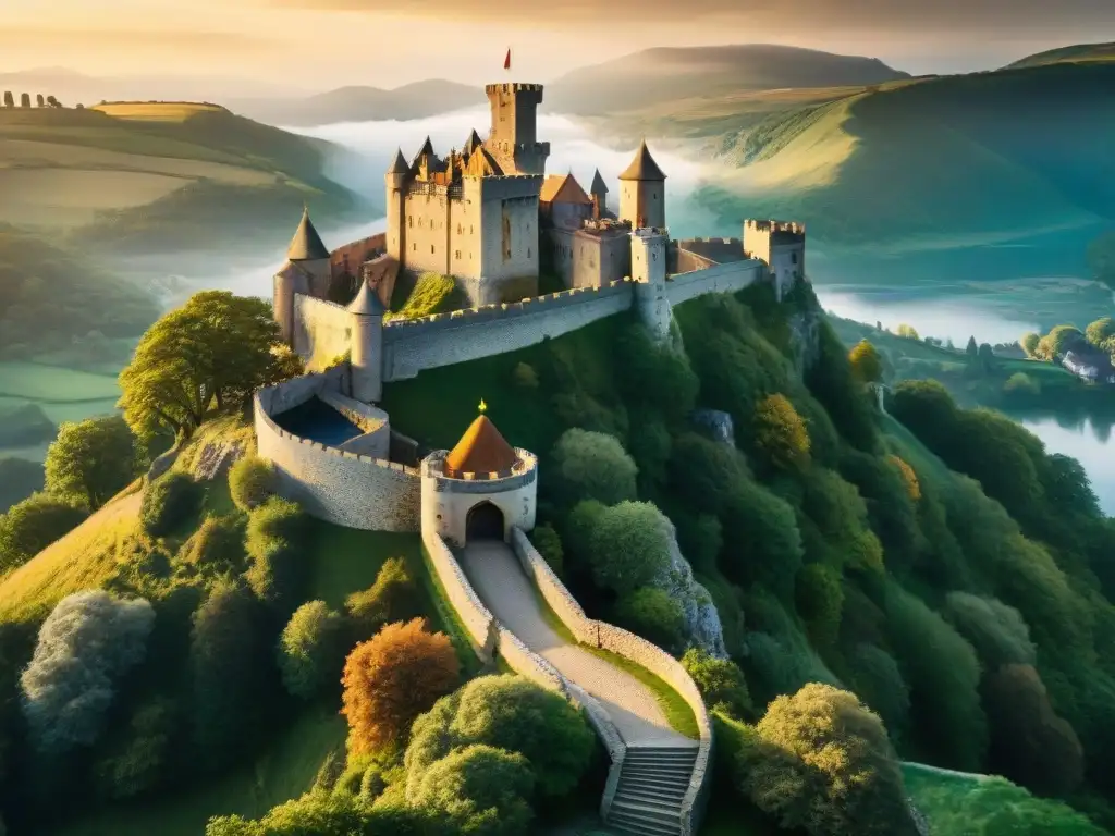 Castillo medieval en la colina: negociación de compra Un castillo medieval sobre una colina rocosa, rodeado de vegetación y un río, con la luz dorada del atardecer