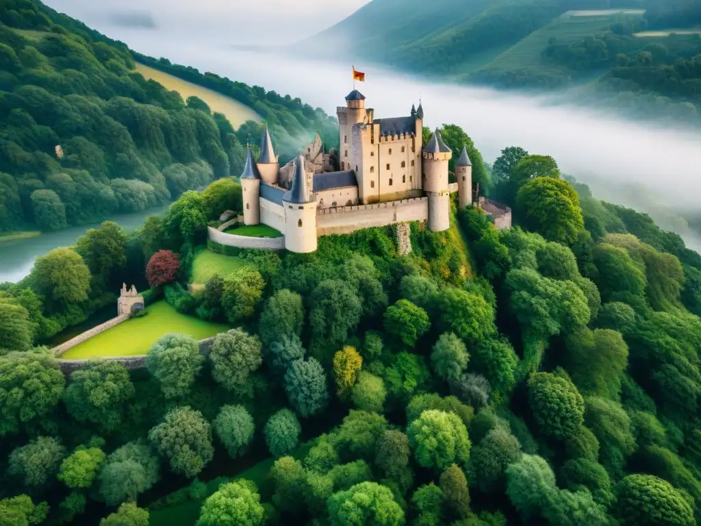 Castillo medieval en colina rodeado de bosques verdes y río, resaltando la preservación de castillos por decisiones gubernamentales