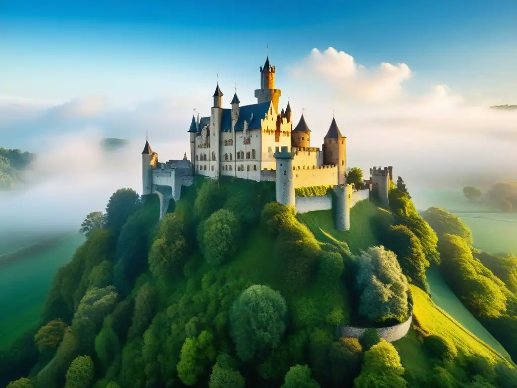 Castillo medieval en colina verde con foso sereno, muros de piedra y torres altas, como de cine fantasía
