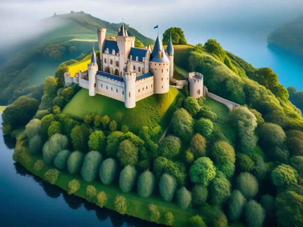 Castillo medieval en colina verde, rodeado de foso cristalino Castillo medieval en colina verde con foso cristalino, desafíos mantener castillo propiedad privada