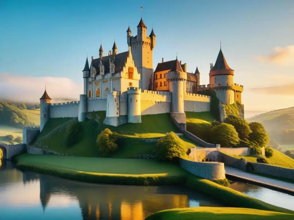 Castillo medieval en colina verde, rodeado de agua cristalina al atardecer