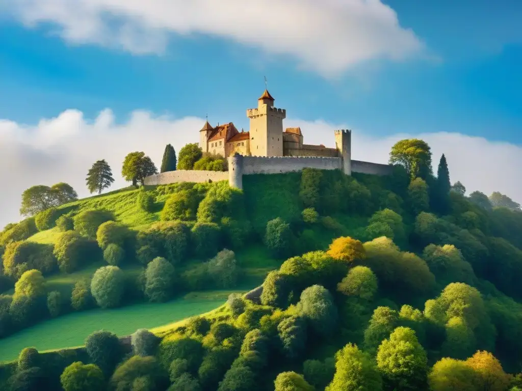 Castillo medieval en colina verde: armonía histórica y natural Castillo medieval en colina verde, certificaciones verdes castillos impacto