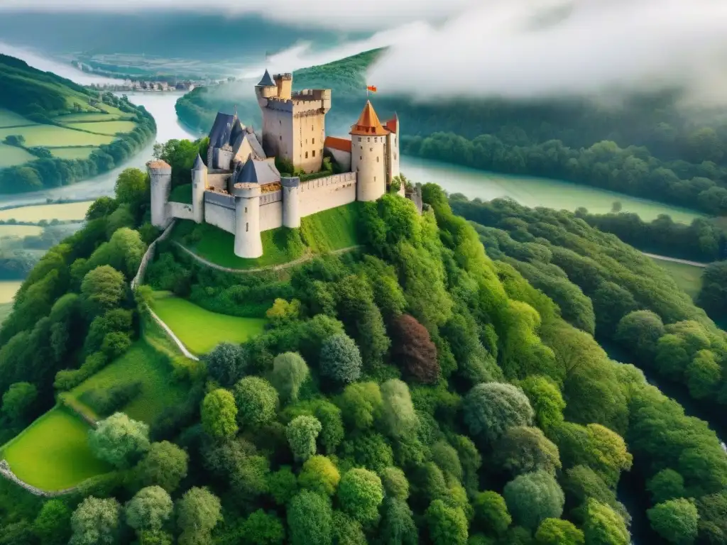 Castillo medieval en armonía con la naturaleza: historia y sostenibilidad Castillo medieval en colina verde con río y bosque, reflejando certificaciones verdes castillos impacto