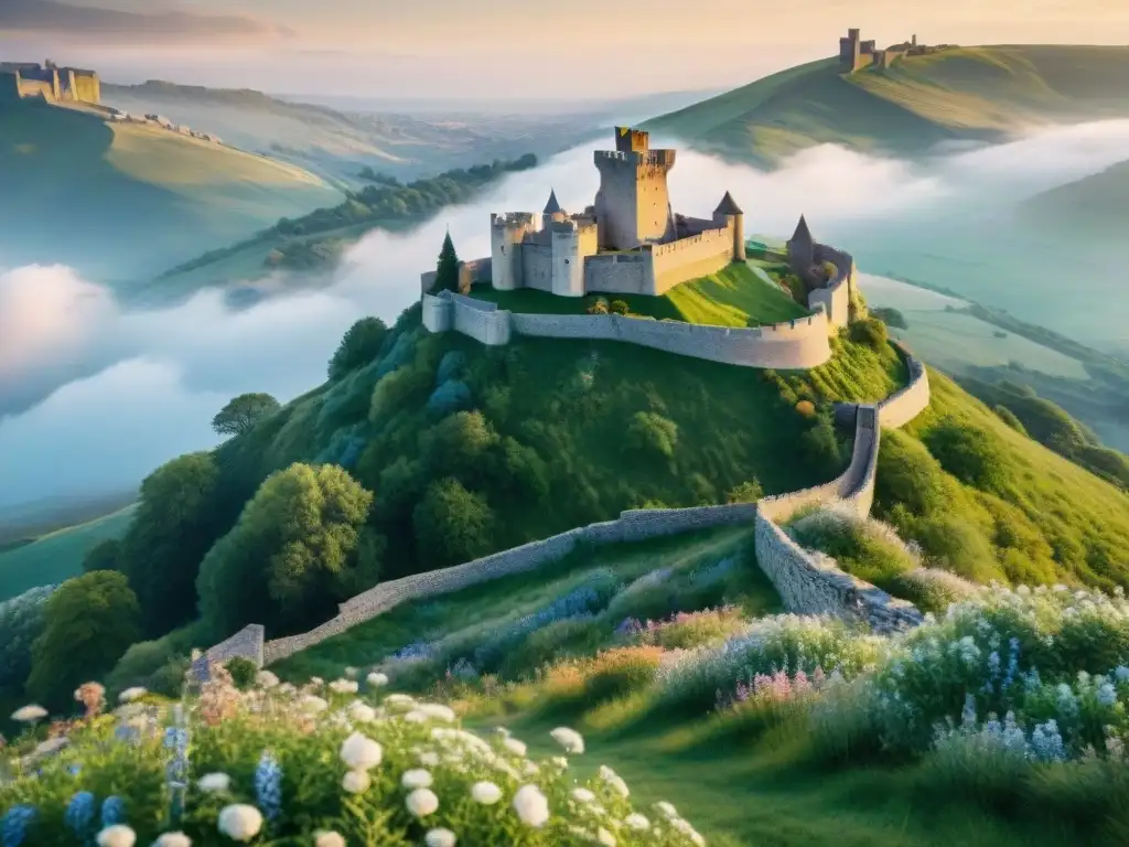 Castillo medieval en colina verde con atardecer dorado Un castillo medieval en una colina verde con flores silvestres, rodeado de muros antiguos