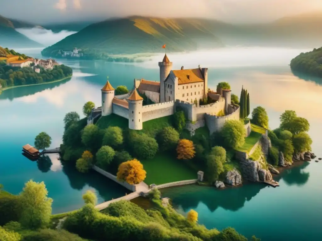 Castillo medieval: armonía entre historia y lujo contemporáneo Un castillo medieval con comodidades modernas, bañado por la cálida luz dorada del atardecer sobre un lago sereno