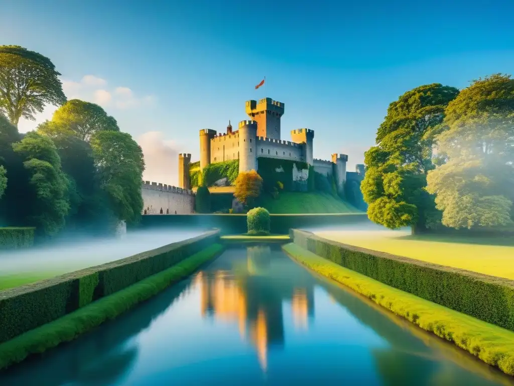 Castillo medieval: fusión de encanto histórico y modernidad Un castillo medieval con comodidades modernas, rodeado de exuberante vegetación y un foso brillante bajo un cielo azul