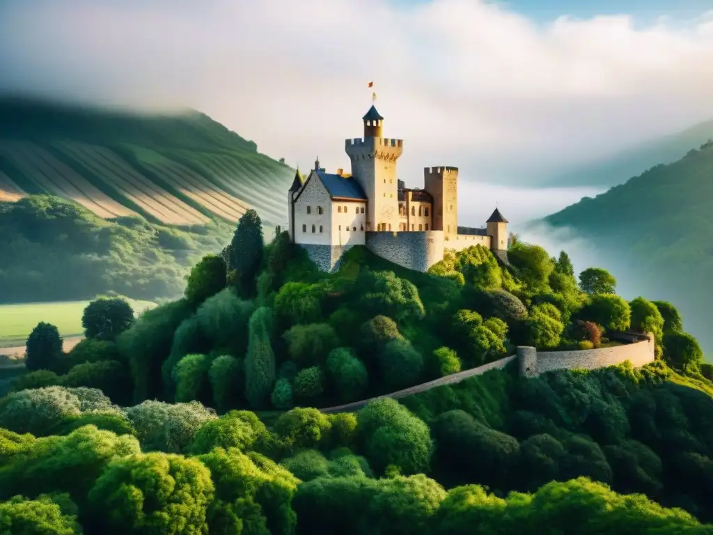 Castillo medieval eco-sostenible: fusión histórica y moderna Un castillo medieval construido con materiales sostenibles, fusionando historia y ecoconstrucción en un entorno natural