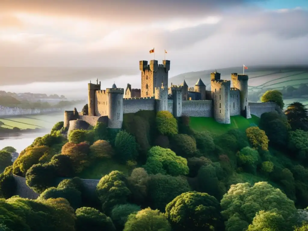Castillo de Conwy en Gales: detalle majestuoso bajo cielos dramáticos Castillo medieval de Conwy en Gales, imponente bajo un cielo dramático