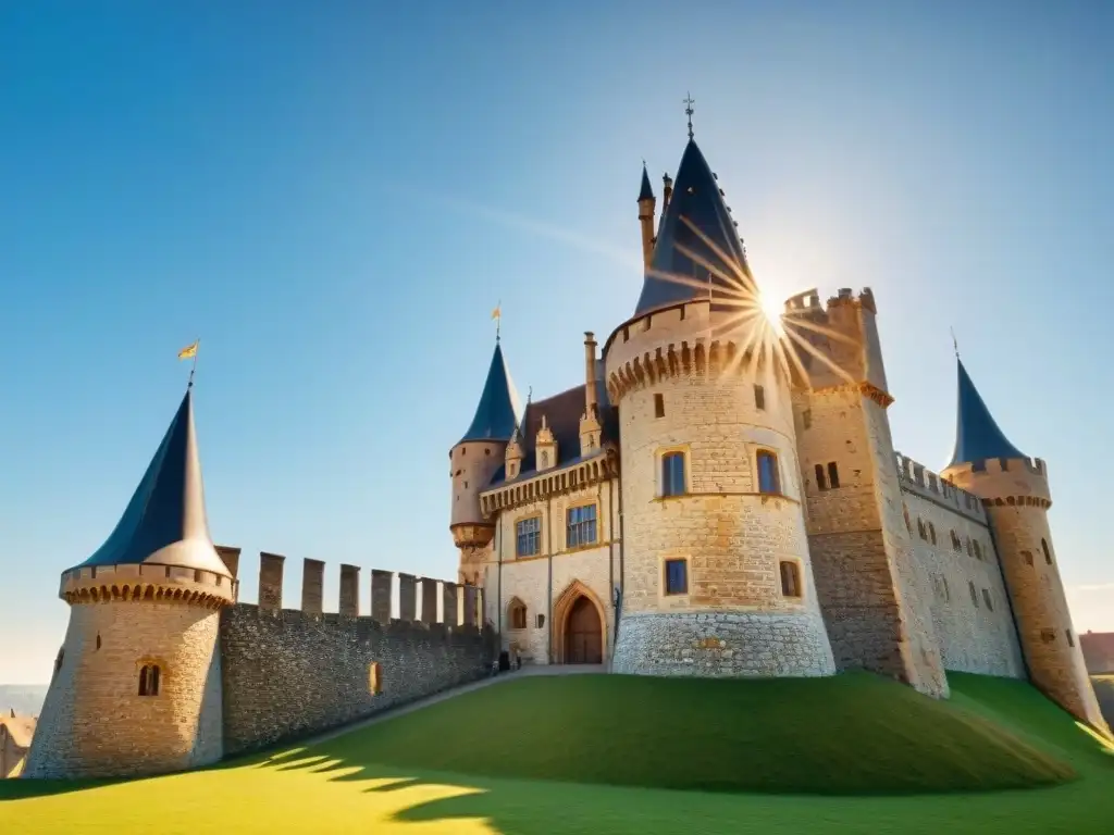Castillo medieval: fusión histórica y sostenible bajo el sol Un castillo medieval con energía solar integrada en sus muros, bajo un cielo azul brillante
