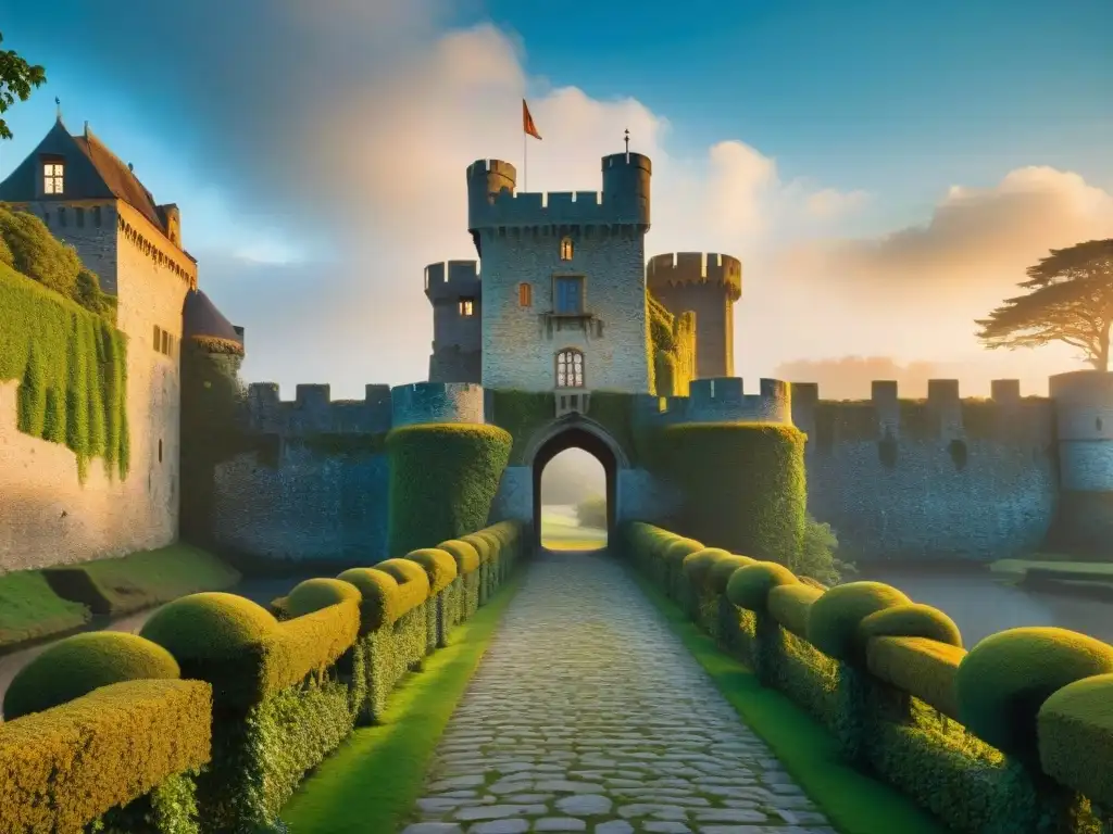 Castillo medieval: historia y misterio en el atardecer Un castillo medieval enigmático bañado por la luz dorada del atardecer, lleno de historia y misterio