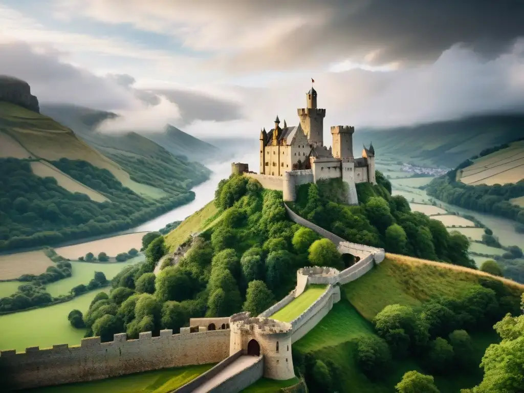 Castillo medieval: detalle y misterio en el valle verde Un castillo medieval enigmático se yergue contra un cielo dramático, con recreaciones históricas en primer plano