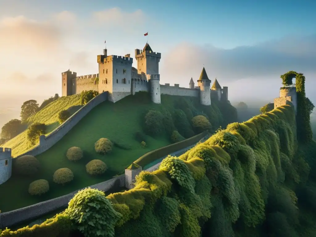 Castillo medieval: majestuosidad y misterio en la puesta de sol Un castillo medieval envuelto en enredaderas y musgo, bañado por la luz dorada del atardecer