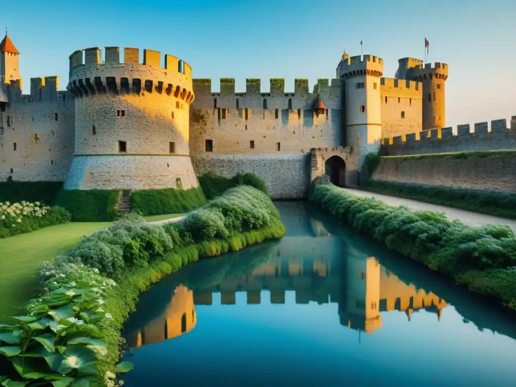 Un castillo medieval con fosas, puente levadizo y agua turbia reflejando el sol