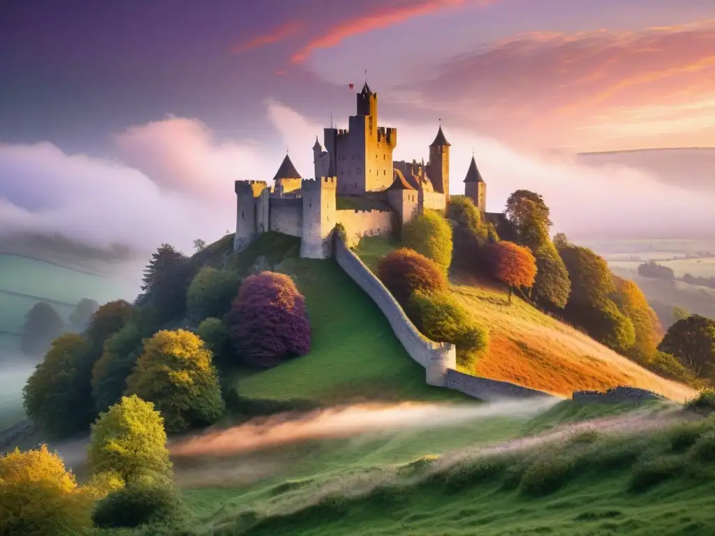 Castillo medieval al atardecer: misterio y belleza en la colina Un castillo medieval iluminado por el atardecer sobre una colina verde, con un cielo de cálidos tonos y niebla