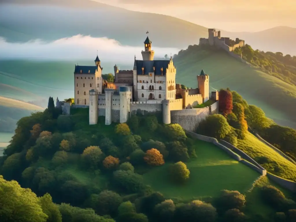 Un castillo medieval iluminado con calidez por luces LED ecológicas, resaltando su arquitectura antigua