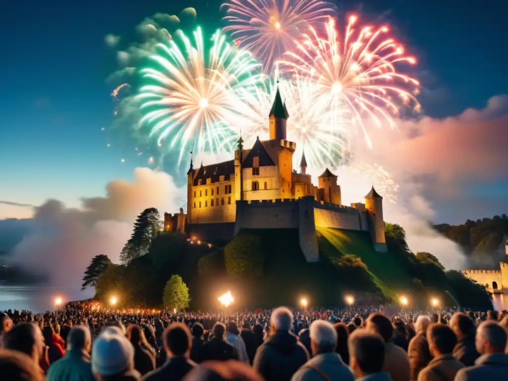 Castillo medieval iluminado por fuegos artificiales en Nochevieja Castillo medieval iluminado por fuegos artificiales en Año Nuevo en una noche mágica junto al lago