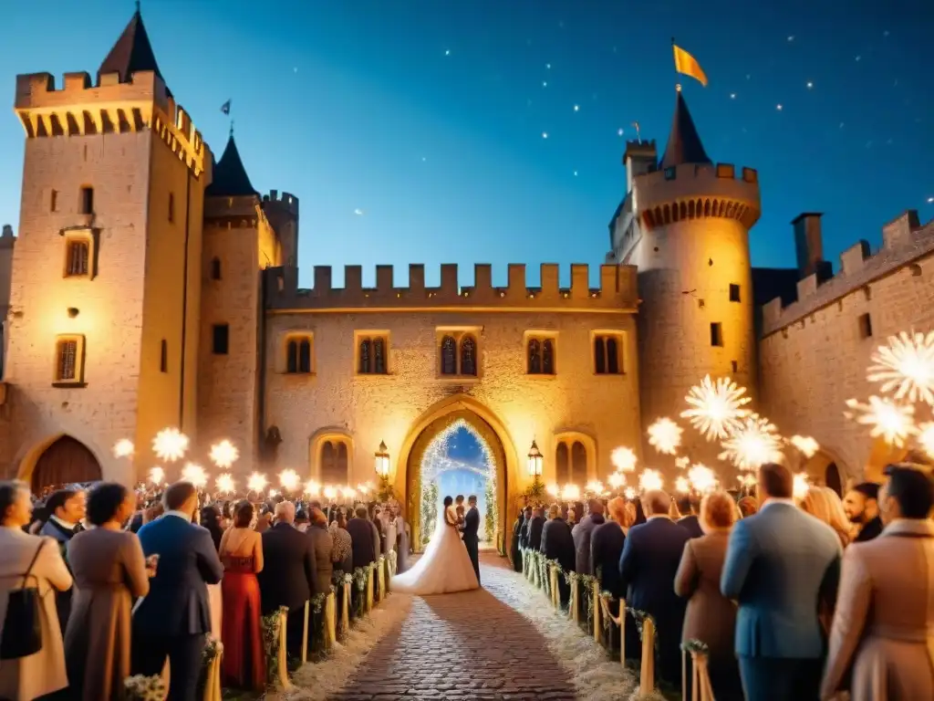 Espectacular fiesta de Año Nuevo en castillo medieval Un castillo medieval iluminado con luces de hadas, decorado para Año Nuevo en un ambiente mágico con fuegos artificiales de fondo