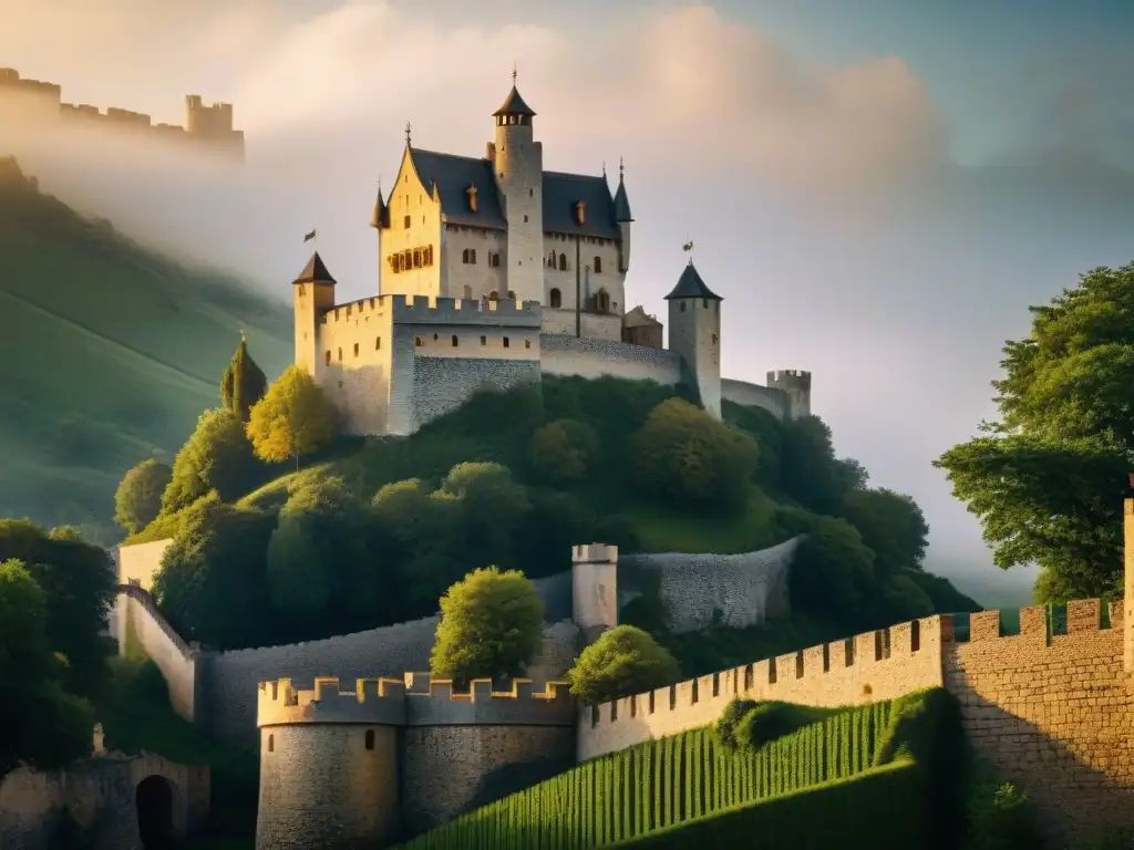 Un castillo medieval iluminado con luz ecológica, resaltando su arquitectura detallada en un ambiente mágico