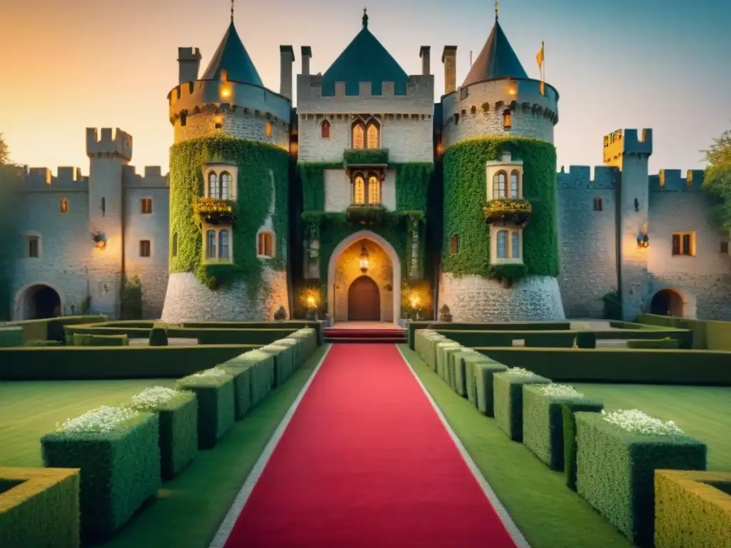 Castillo medieval iluminado de noche en gala corporativa Un castillo medieval iluminado de noche, con torres imponentes y jardines exuberantes, donde llegan elegantes invitados a un evento corporativo