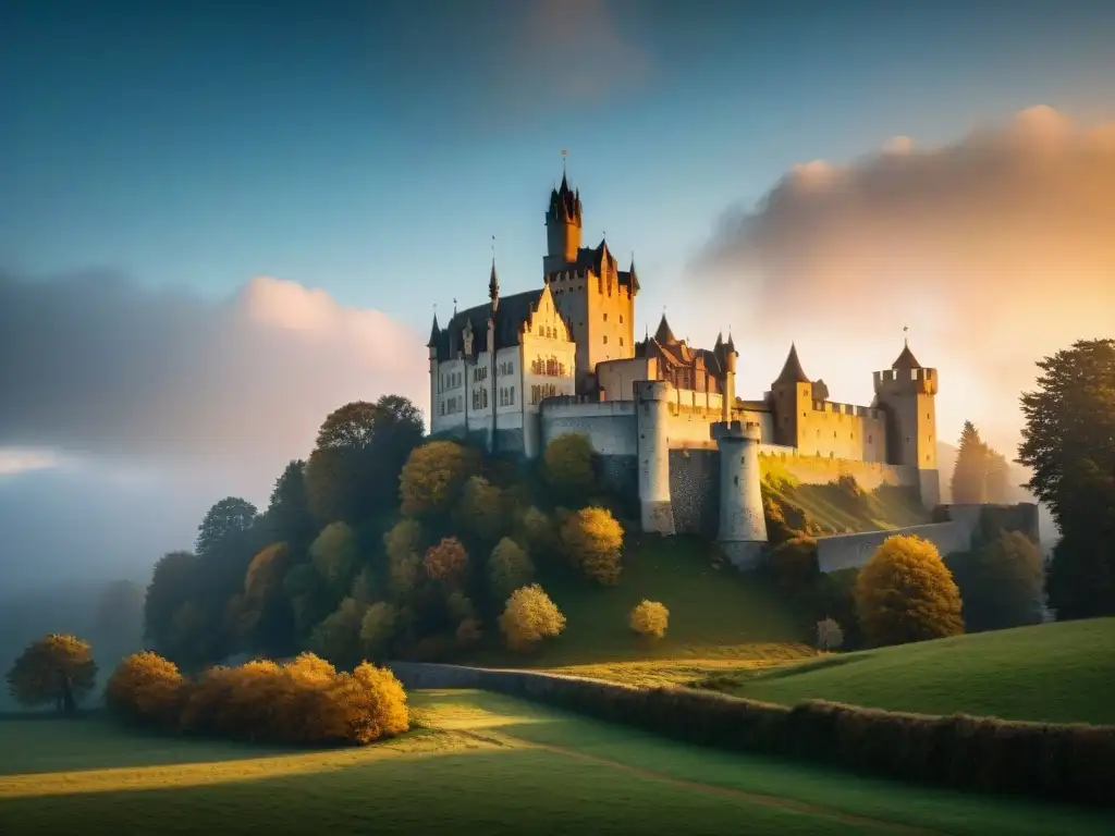 Un castillo medieval iluminado en la penumbra, resaltando su arquitectura con luces estratégicas