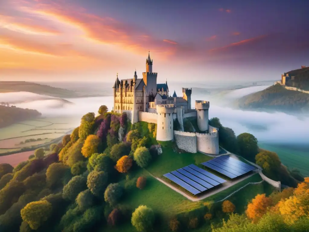 Castillo medieval con paneles solares: unión histórica y moderna Un castillo medieval iluminado por el sol con paneles solares integrados, fusionando historia y energía solar en castillos históricos