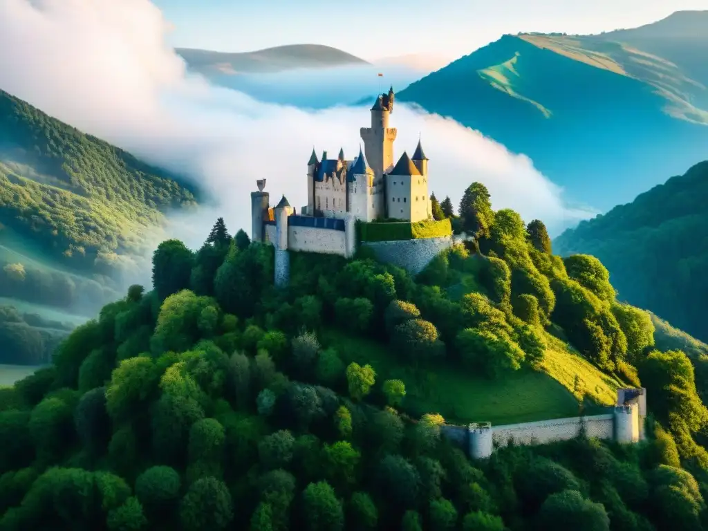 Castillo medieval en el bosque: majestuoso y mágico Castillo medieval imponente en la colina, rodeado de bosque verde y cielo azul